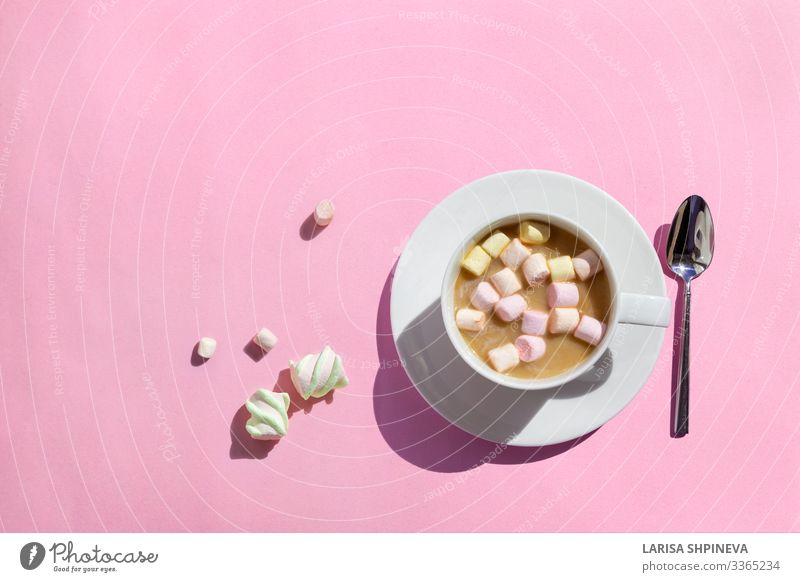 Cup of hot coffee with marshmallows on pink Dessert Breakfast Beverage Hot Chocolate Coffee Table Love Delicious Pink White chocolate cup drink mug sweet