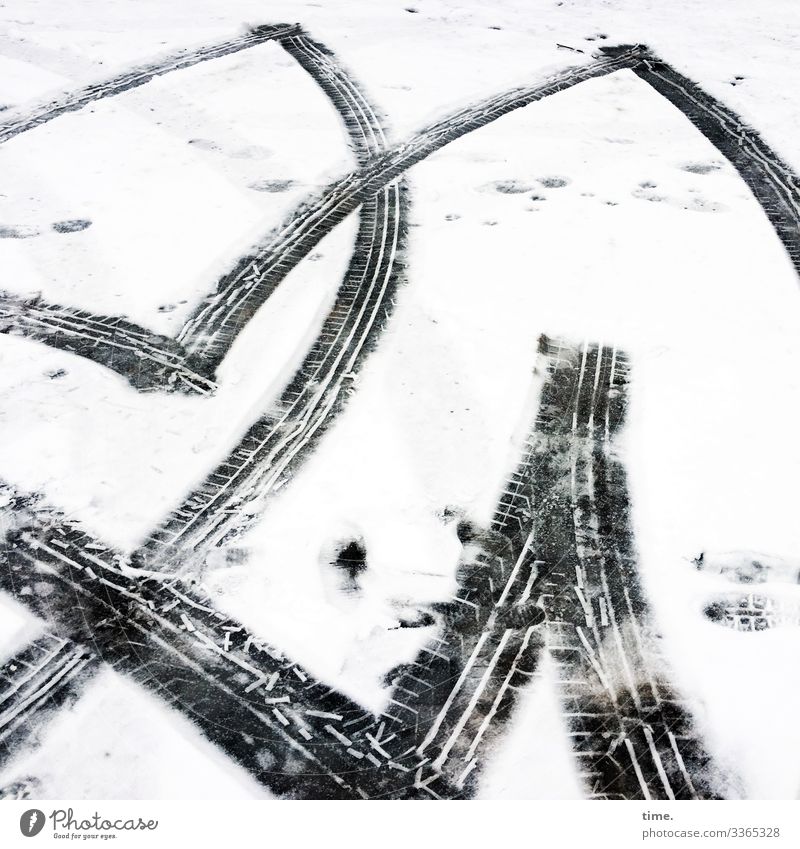 Winter sports | Ice Age Environment Snow Transport Traffic infrastructure Motoring Parking lot Skid marks Impression Imprint Asphalt Thaw Athletic Bright Cold