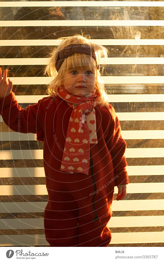 Funny, blonde girl in overalls, headband and scarf made of wool, stands at glass bus stop and waits in suspense. Cute child in warm clothes post at striped glass front, smiles lost in thought, dreamy. Cute toddler in sunlight