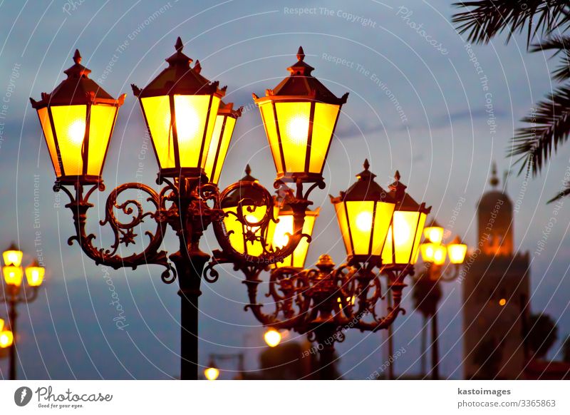 Street lights in Marrakesh Design Vacation & Travel Tourism Trip Culture Sky Places Building Architecture Old Tall Retro Blue Yellow Religion and faith