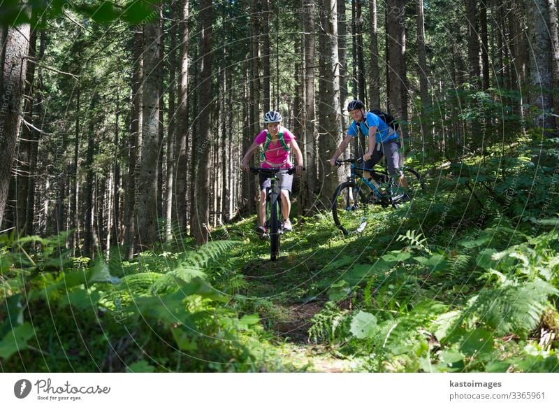 Active sporty couple riding mountain bikes on demanding forest trail. Lifestyle Joy Happy Beautiful Relaxation Leisure and hobbies Adventure Summer Mountain