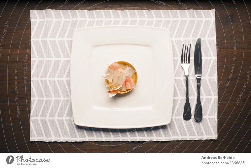 Packaging waste on a plate Nutrition Plate Cutlery Environment Plastic packaging Trashy Environmental pollution Environmental protection symbolic conceptual