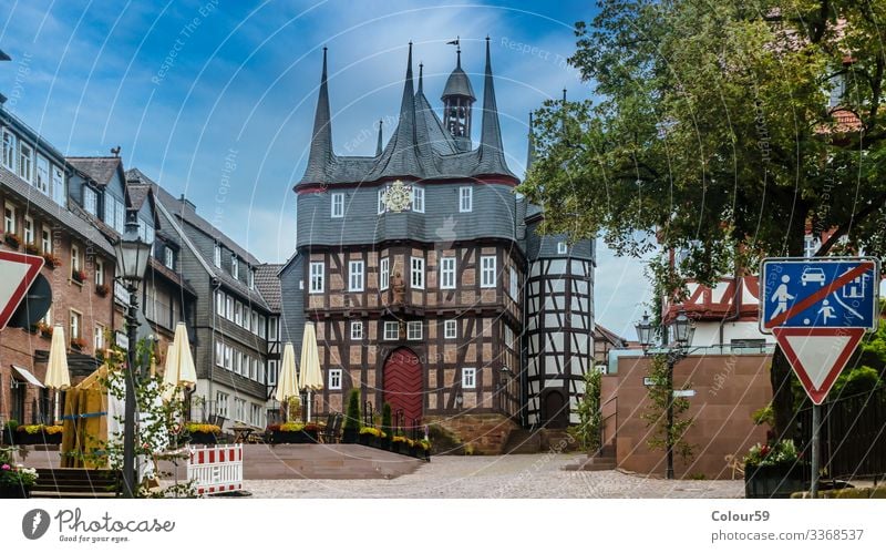 Historical town hall Landscape Small Town Downtown Old town Deserted Marketplace City hall Tourist Attraction Landmark Monument Flag Culture Frankenberg Eder