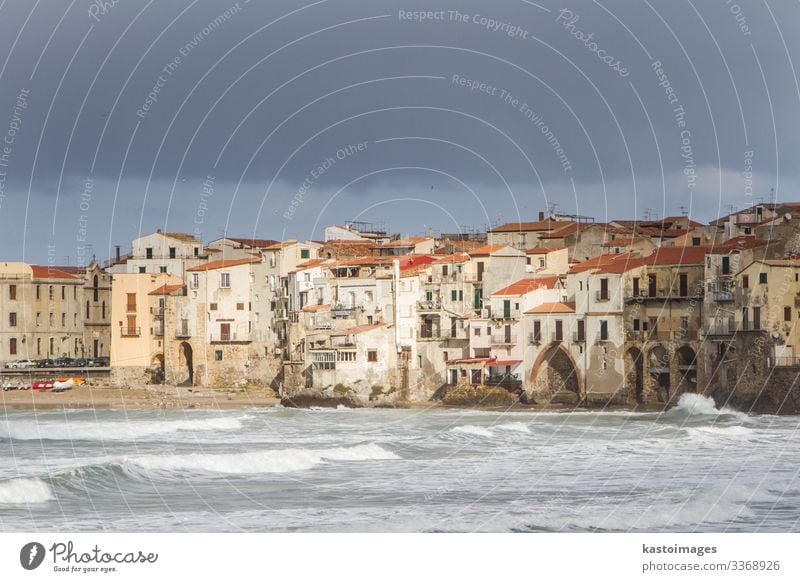 European Coastal travel townof Cefalu in Sicily, Italy. Beautiful Vacation & Travel Tourism Trip Summer Sun Beach Ocean Waves House (Residential Structure)