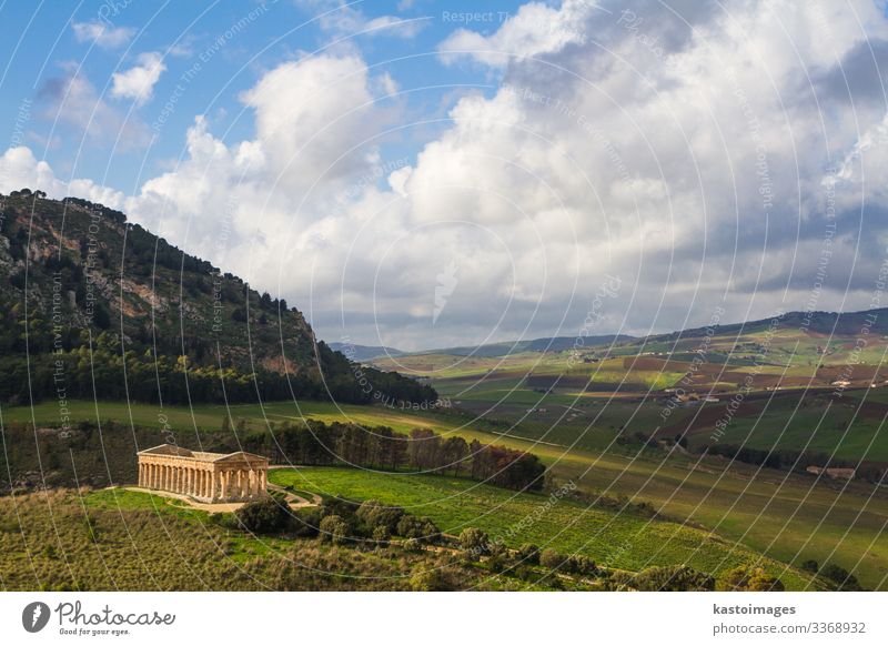 Landscape of Sicily and ancient greek temple in Segesta, Italy Vacation & Travel Tourism Winter Culture Sky Meadow Hill Ruin Places Building Architecture