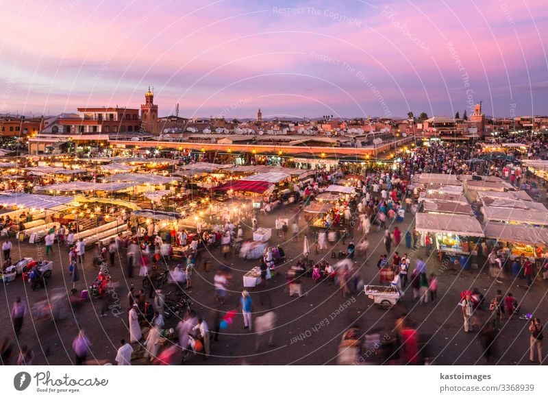Jamaa el Fna square in sunset, Marrakesh, Morocco, Africa. Vacation & Travel Tourism Trip Business Culture Landscape Town Places Building Tradition market jamaa
