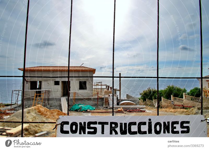 Majorca | Building site, new building villa at the sea Spain Balearic Islands Construction site construction boom Villa sea view first row cordon Hoarding sign