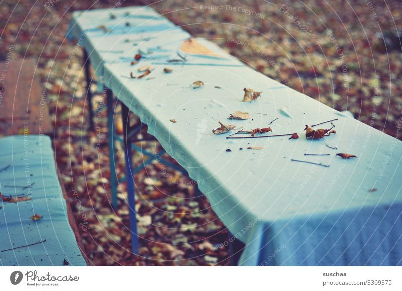 the tables are empty | chamansülz Empty Deserted Lonely forsake sb./sth. Firm Festive set Seating Bench Table tablecloth Exterior shot Loneliness Wooden bench