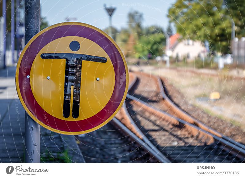 Stop for pedestrians | prohibition sign on railway premises Rail transport Platform Railroad tracks Switch Railroad system Railway traffic sign Stop sign Metal