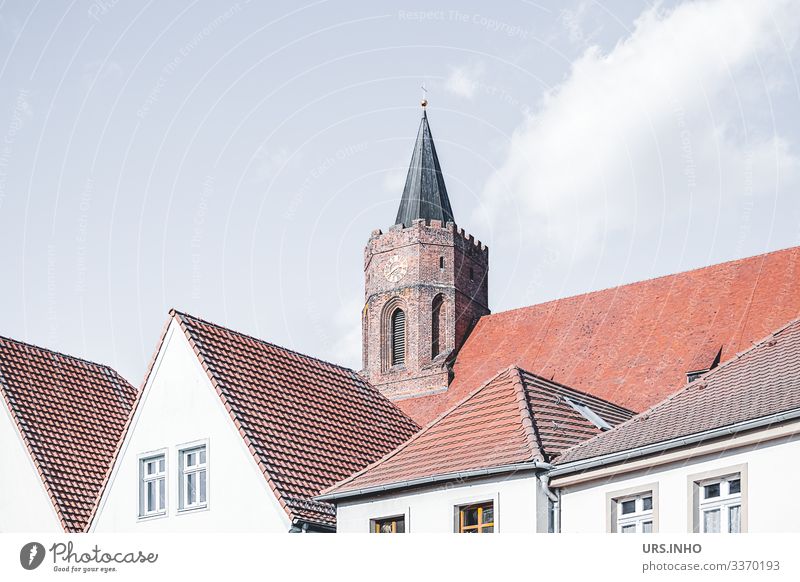 Church tower behind the roofs of houses Beeskov Germany Europe Small Town Deserted House (Residential Structure) Window Roof Tower Gable roof hipped roof Above