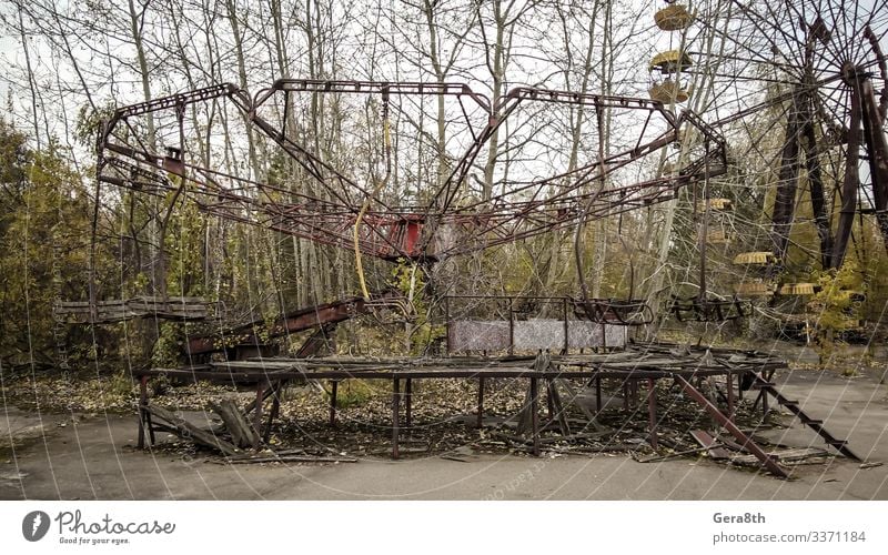 carousel in an abandoned amusement park in Chernobyl Plant Earth Tree Old Gloomy Dangerous Disaster Ukraine abandoned park accident Amusement Park attraction