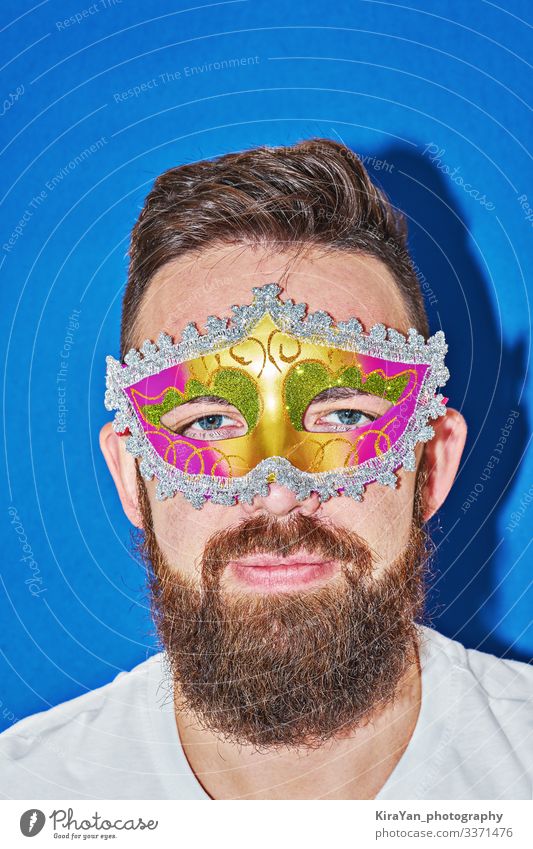 Closeup portrait of man in Mardi gras masquerade mask Elegant Joy Face Leisure and hobbies Feasts & Celebrations Man Adults Eyes Lips Art Theatre Accessory