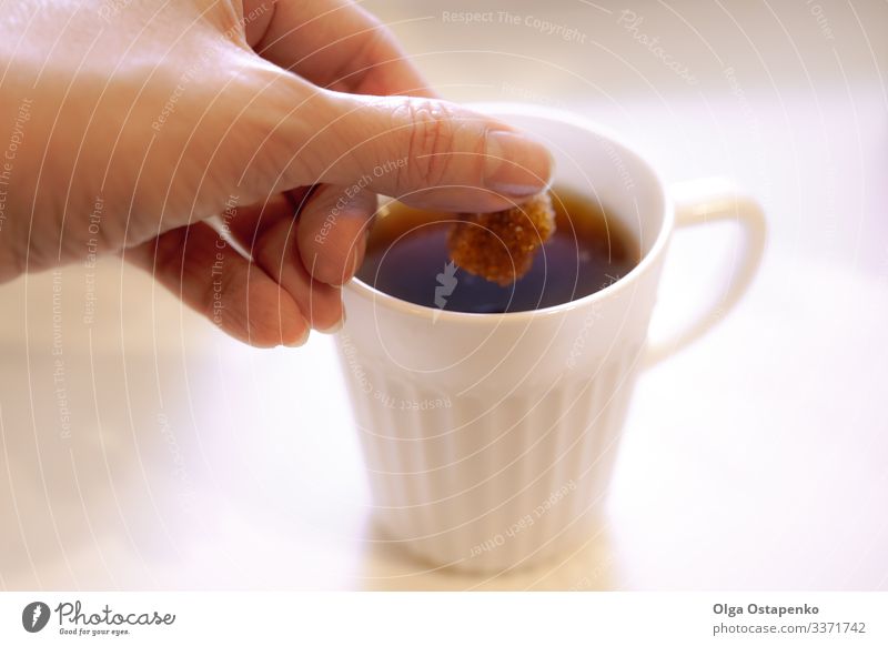 In a white cup the woman's hand puts a piece of brown sugar Table Hand Brown White Candy Sugar Close-up Woman Hot Beverage Cup Coffee Café Breakfast Natural