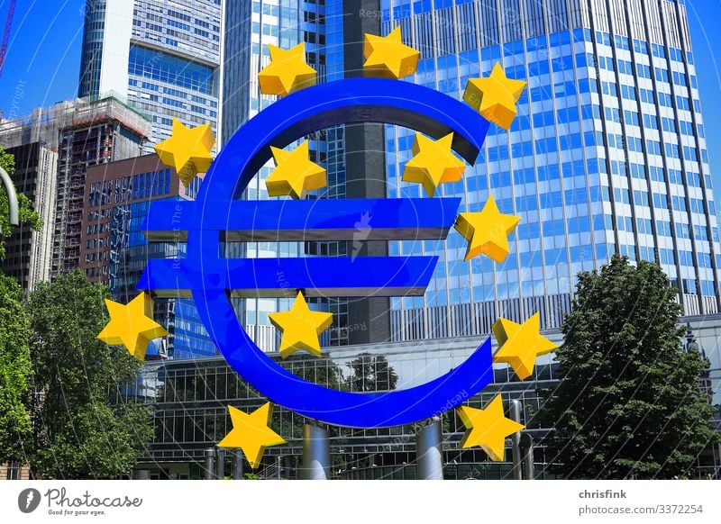 Euro sign in front of bank building Economy Industry Trade Art House (Residential Structure) High-rise Architecture Blue Shopping Luxury euro zone Money brexite