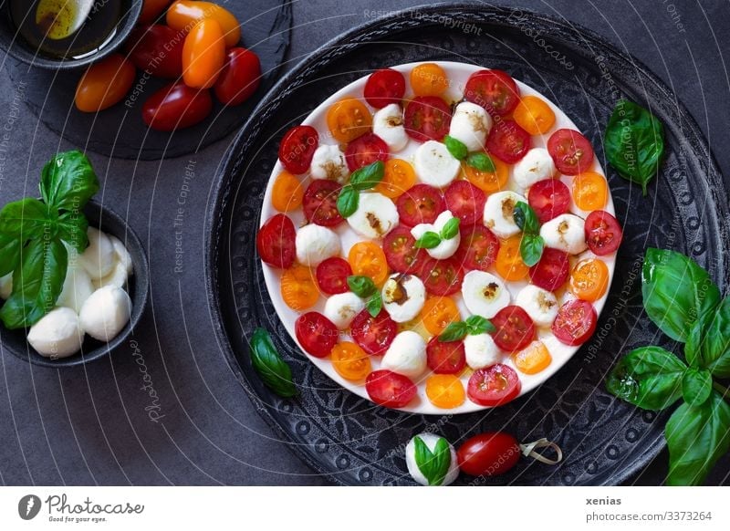 Delicious salad with tomato, mozzarella and basil arranged as a mandala on a white plate Food Vegetable Lettuce Herbs and spices Cooking oil Tomato Mozzarella