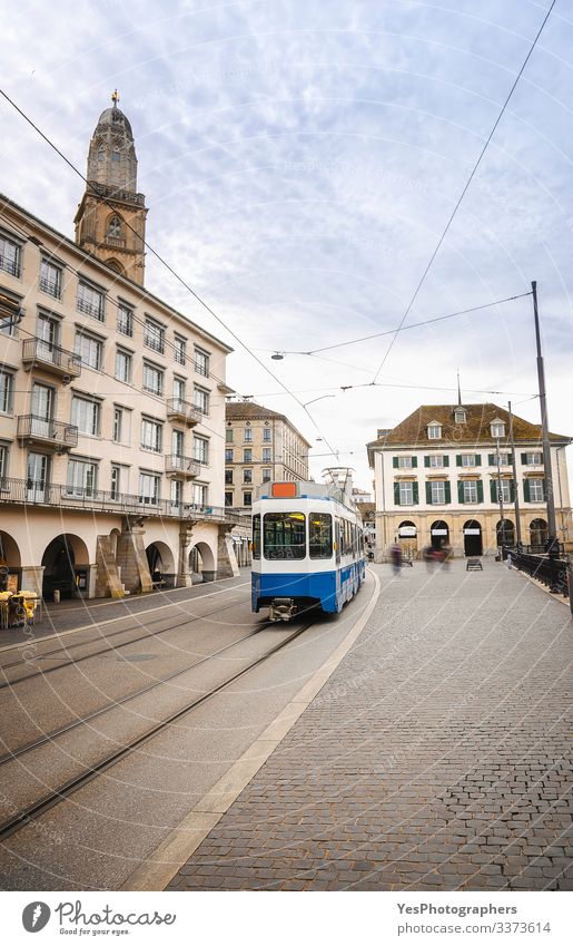 Zurich cityscape with blue tram in the old city center Lifestyle Vacation & Travel Tourism Trip Sightseeing Culture Town Downtown Building Architecture