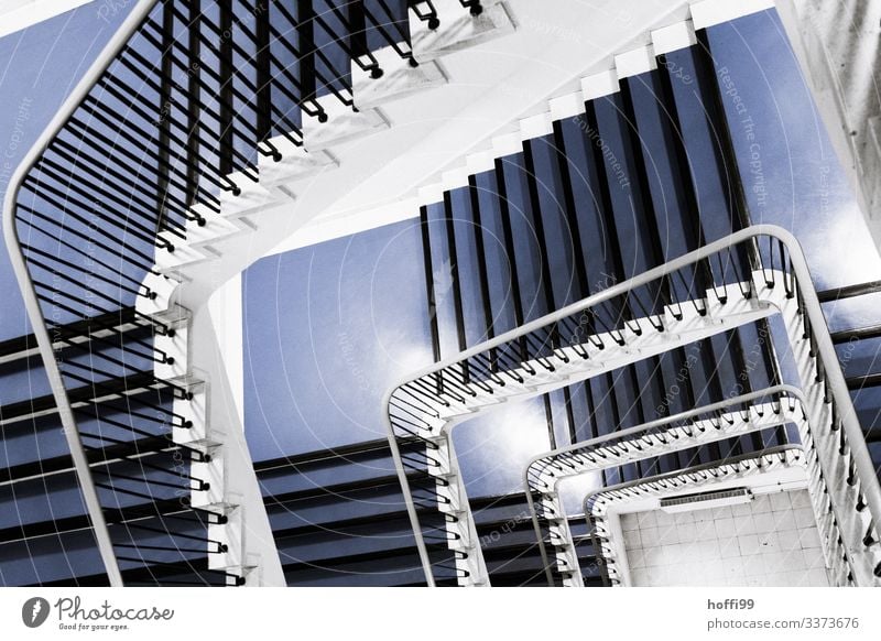 View from above into a staircase Downward Staircase (Hallway) Interior shot stairwell Handrail Winding staircase Banister Esthetic Deserted blue stairs Blue