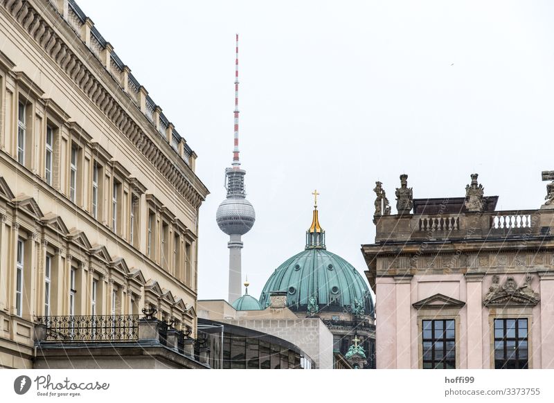 Berlin television tower with cathedral and museums Berlin TV Tower Berlin Cathedral Classical modern Classicism domed building Dome Copper roof City panorama