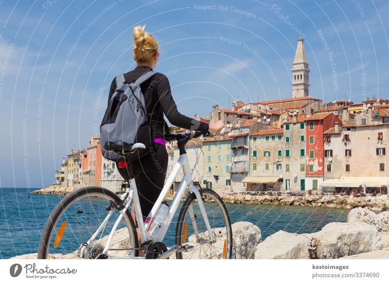 FEmale cyclist enjoiying beautiful view of Rovinj, Croatia. Lifestyle Beautiful Relaxation Leisure and hobbies Vacation & Travel Tourism Far-off places Freedom