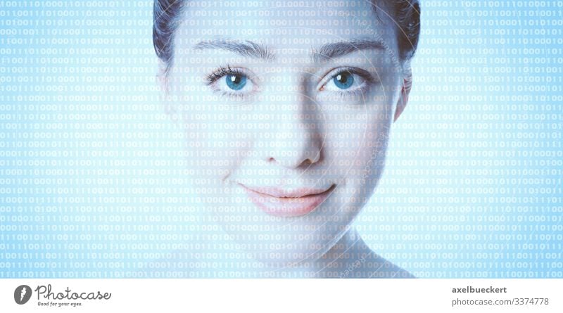AI artificial intelligence - female face with binary code Artificial intelligence Binary code Face Avatar glass human Advancement Future Computer Software