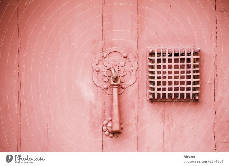 pink door with door knocker and metal grille in front of square peephole Pink Monochrome Old Door Knocker Grating Metal grid metal grid Barricaded Closed aloof