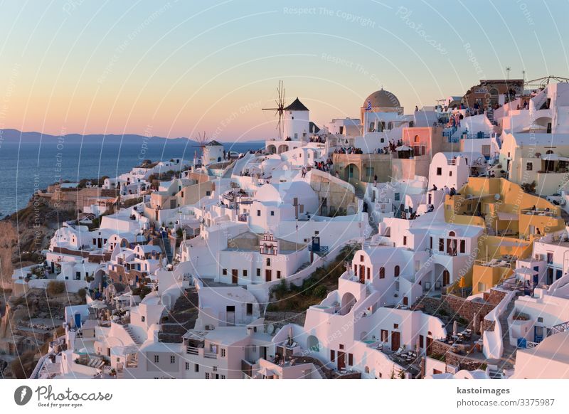 Oia village at sunset, Santorini island, Greece. Beautiful Vacation & Travel Tourism Summer Ocean Island House (Residential Structure) Culture Nature Landscape