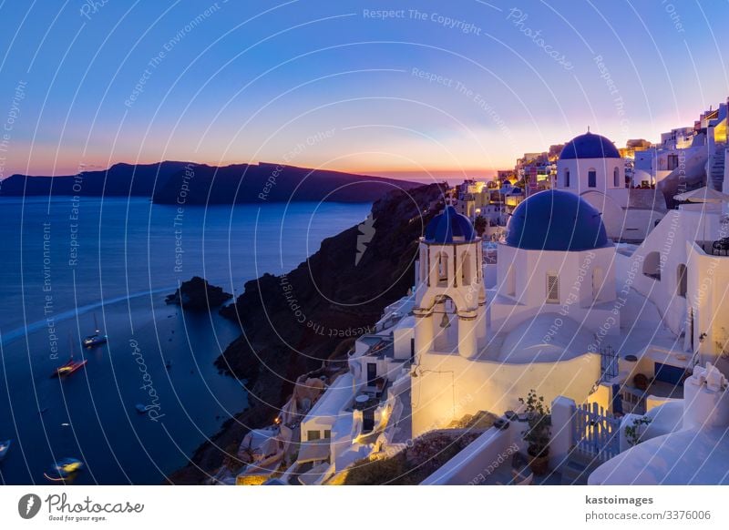Greek village of Oia at dusk, Santorini island, Greece. Style Beautiful Vacation & Travel Tourism Summer Ocean Island House (Residential Structure) Culture
