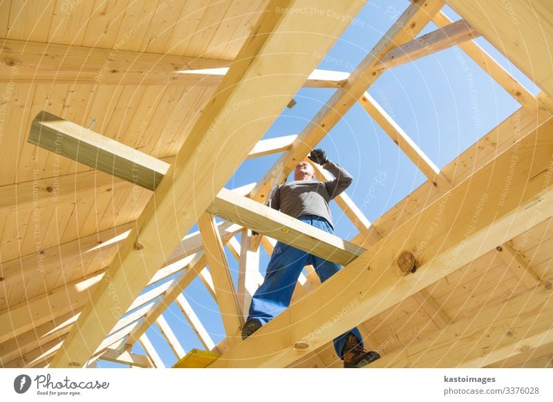 Builder at work with wooden roof construction. House (Residential Structure) Work and employment Craftsperson Construction site Industry Tool Hammer Human being