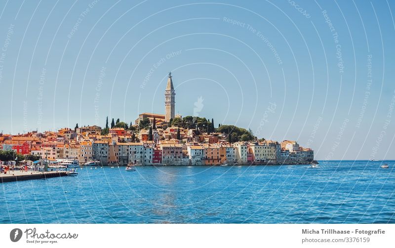 Skyline Rovinj, Croatia Vacation & Travel Tourism Sightseeing Summer Sun Ocean Europe Town Port City House (Residential Structure) Church Tower Motorboat