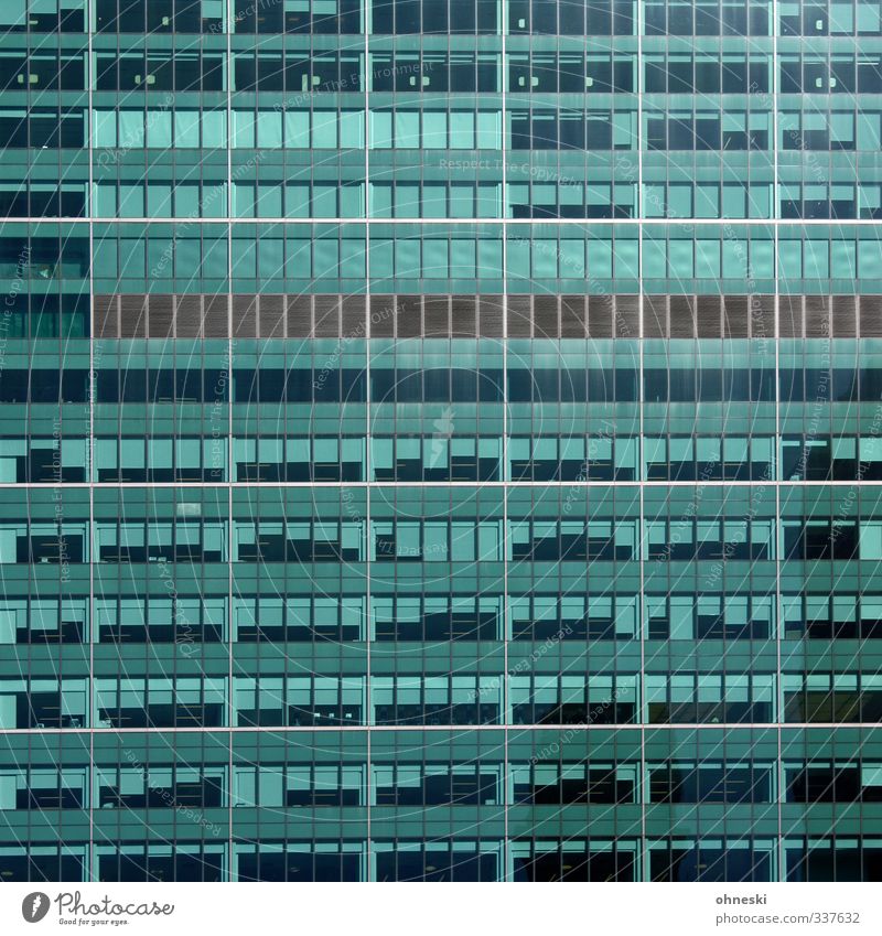 Office space for rent New York City Town High-rise Architecture Facade Window Roller blind Glass Green Turquoise Business Competition Growth Office building