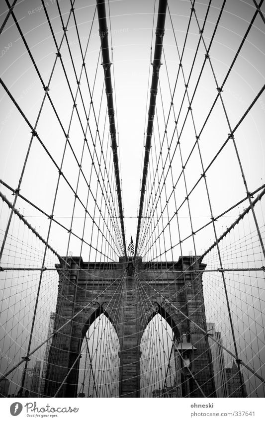 No sleep to Brooklyn New York City USA Town Bridge Architecture Tourist Attraction Brooklyn Bridge Network Black & white photo Exterior shot