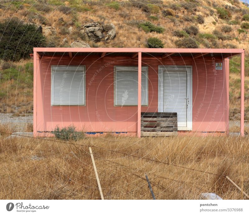 Pink part of a house in Greece Landscape House (Residential Structure) Hideous Uniqueness Broken Fence Wire Roller shutter Door Window Wood Palett Deserted