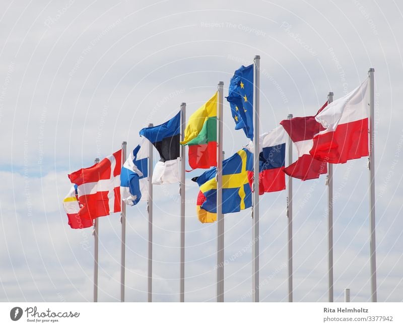 European flags Flag Friendliness Happiness Blue Multicoloured Agreed Loyal Together Society Politics and state Attachment Colour photo Exterior shot
