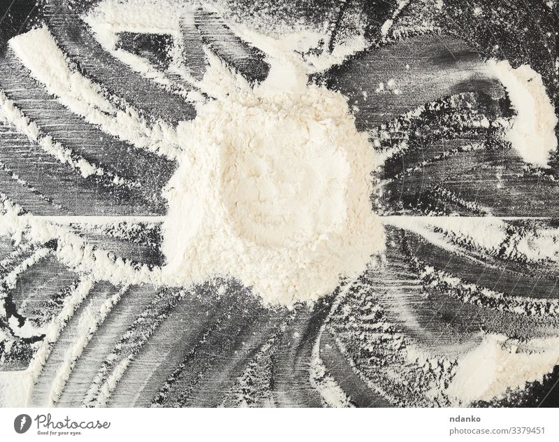 white wheat flour scattered Dough Baked goods Design Table Blackboard Natural Above White dust Flour food frame backdrop background Baking Bakery Cereal circle