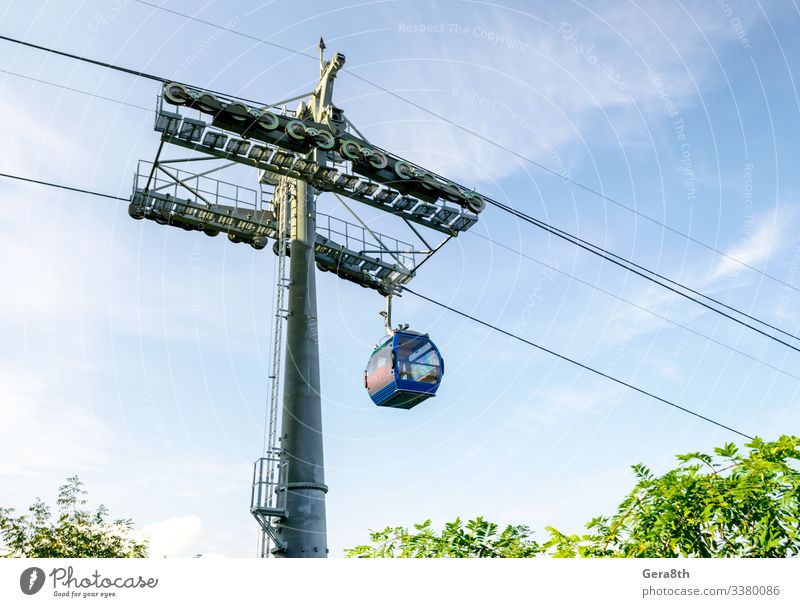 Vacation & Travel Tourism Machinery Technology Nature Plant Sky Clouds Tree Leaf Hut Transport Street Cable car Metal Line Modern Blue Green Colour branch cable
