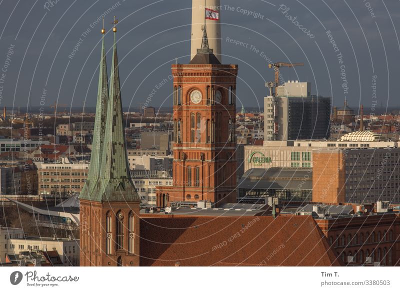 Downtown Berlin Town Capital city Old town Skyline Deserted House (Residential Structure) High-rise Church City hall Roof Rotes Rathaus Colour photo