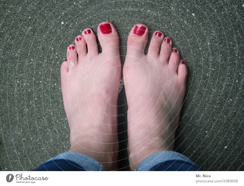 lacquered - the other way round feet Toes Varnished Asphalt Colour photo Styling Barefoot stood idle Stand toenails Bird's-eye view Wait Red Feminine Pedicure
