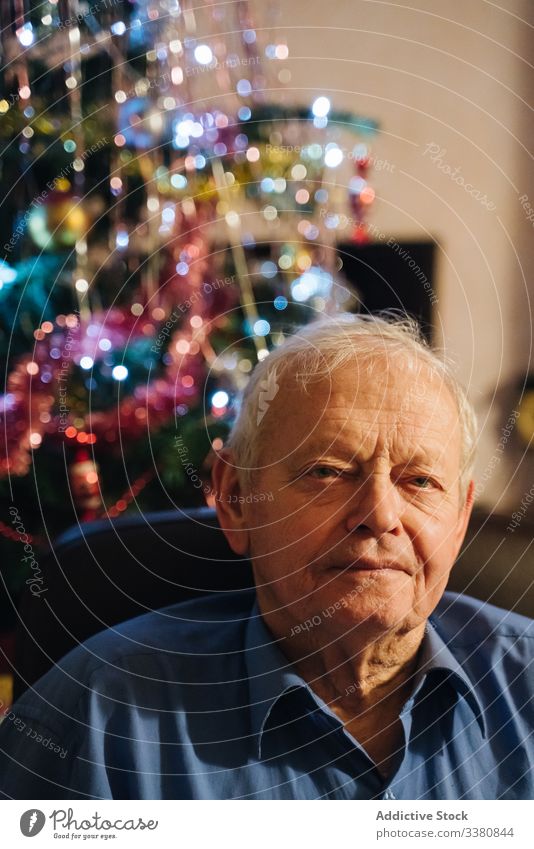 Positive male pensioner sitting at home at Christmas eve man casual senior christmas calm relax positive homey aged rest lifestyle happy smile confident enjoy