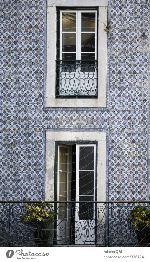 Tiled facade. Art Esthetic Facade Cladding Portugal Lisbon Balcony Old fashioned Derelict Noble Ancient Pattern Symmetry Door Handrail Colour photo