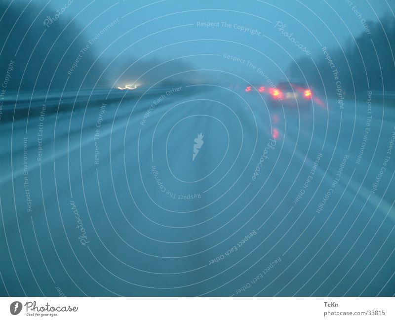 German motorway Wet Highway Speed Gloomy Fog Rear light Transport Rain Street Car