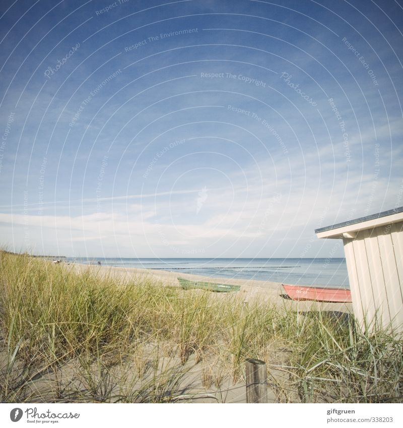 House by the sea Environment Nature Landscape Plant Elements Sand Water Sky Horizon Beautiful weather Foliage plant Coast Beach Baltic Sea Ocean Blue Watercraft