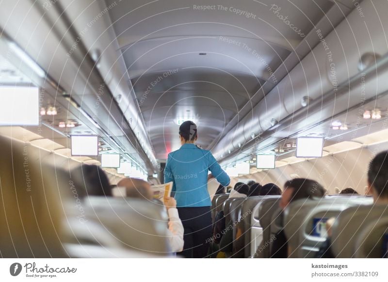 Interior of commercial airplane with stewardess serving passengers on seats during flight. flight attandant aeroplane aircraft interior cabin crowded transport