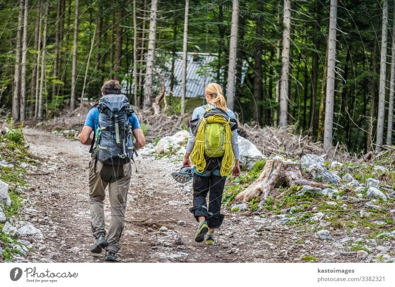 Rear view of two young active couple walking down the trail path on forest. adventure hike hiking nature lifestyle backpack people travel trekking girl mountain