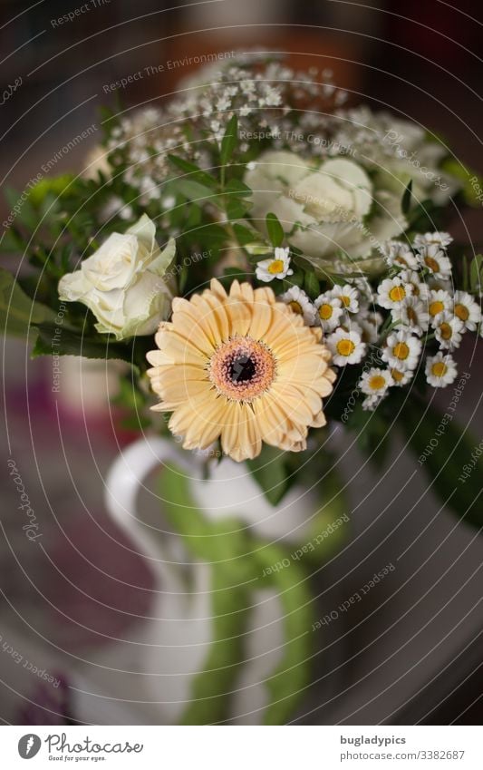 Bouquet of flowers with gerbera, daisies, white roses, white cabbage and baby's breath in white enamel vase on table marguerites Gerbera Baby's-breath
