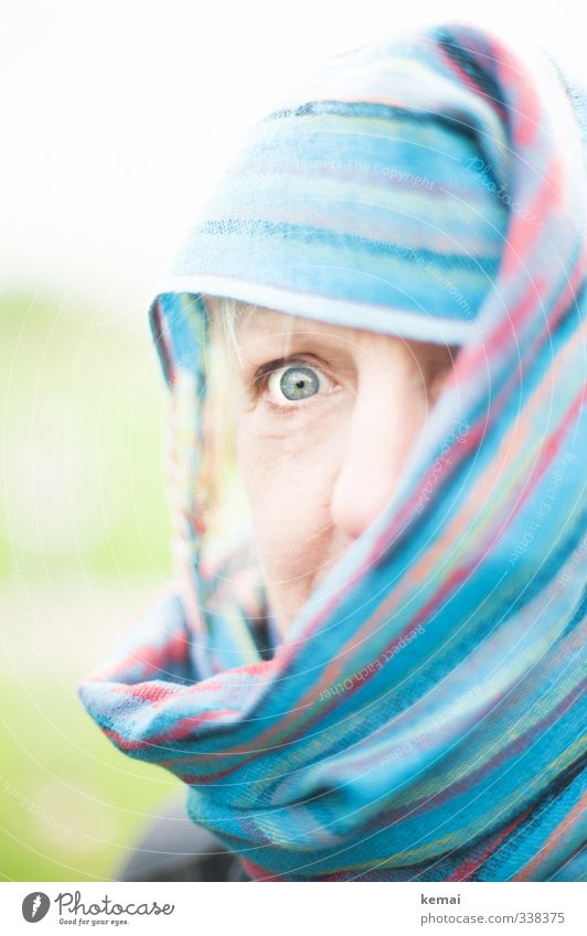 total blue | fatma in helgiland Human being Feminine Woman Adults Eyes Nose 1 45 - 60 years Scarf Rag Headscarf Looking Blue shrouded Amazed Scare Colour photo