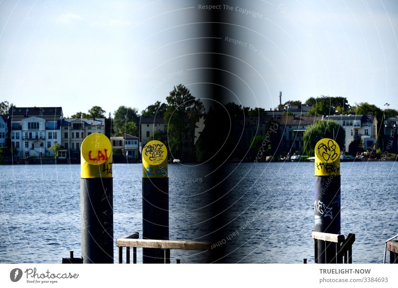 Landing stage for water taxi at Tiefen See (Havel) in Babelsberg with wooden railings, round steel pillars, yellow and grey, graffiti decorated with a view of the Potsdam shore, marina and trees