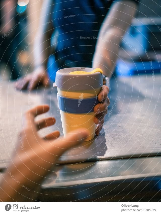 Handing Over Take Away Coffee Keep Cup on Counter Mocha Cappuccino Hot Café espresso based latte coffee beverage cafe latte latte art coffee making coffee cup