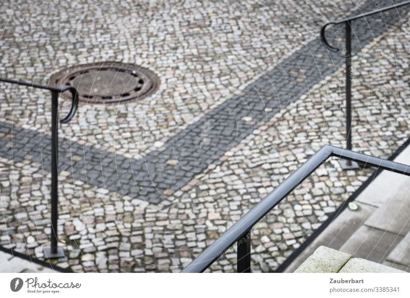 railings, stairs and pavement arranged in square shapes Pavement Paving stone Stairs Handrail Places Town Cobblestones Exterior shot Deserted Stone
