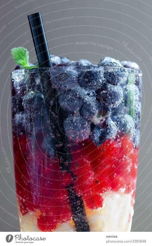 A glass of soft drink with berries and black straw Beverage Cold drink fruit Berries Vitamin-rich Fresh Vegetarian diet Blueberry Redcurrant Black Yellow