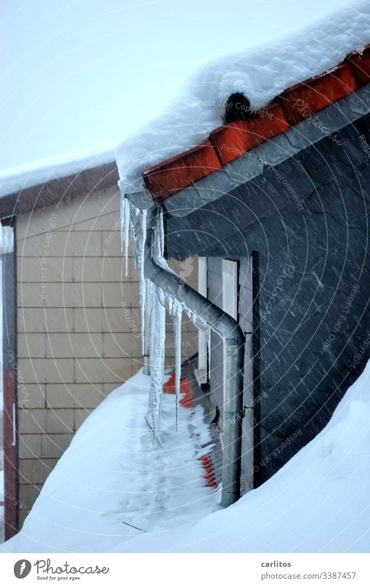 Icicle on gutter on dormer on house Harz Winter, Snow Ice peak roof avalanche House (Residential Structure) Roof Dormer Tiles, depression Loneliness